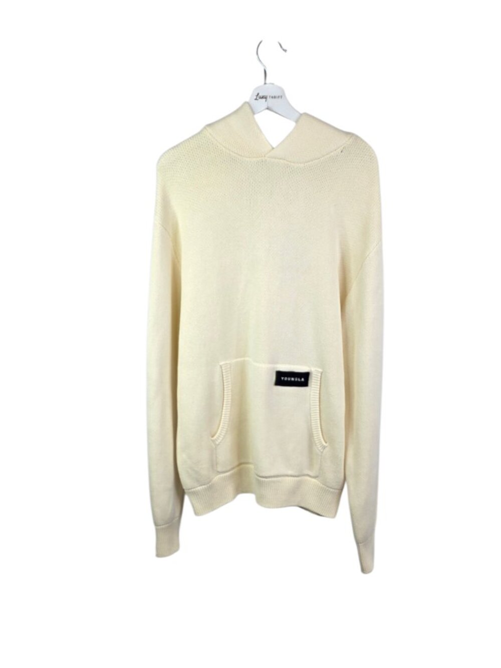 Young LA Men's Mojave Knitted Hoodie, Cream Pullover, Cotton, Size Large